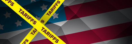 American tariffs and US government taxation vector banner. Usa trade war and war policy, duties imposed on imports and exports. New tariffs for countriesのイラスト素材