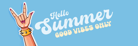 Hello Summer Rock On Vector Female Hand with Devil Horns, Spiked Bracelet and Pink Nails on blue Background with Good Vibes Only Text, Cheerful Summer Designのイラスト素材