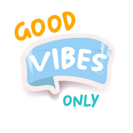 Good Vibes Only blue groovy aesthetic sticker design isolated on white. Good vibes motto sticker, tag, retro label, banner, ribbon, label png with quote. Positiv and motivational 1970s style quoteのイラスト素材