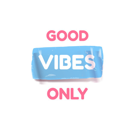Good Vibes Only blue groovy aesthetic sticker design isolated on white. Good vibes motto sticker, tag, retro label, banner, ribbon, label png with quote. Positiv and motivational 1970s style quoteのイラスト素材
