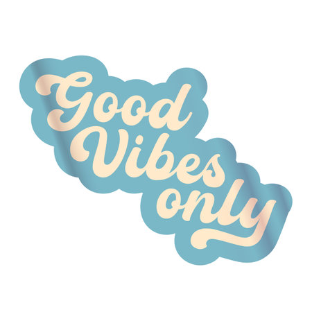 Good Vibes Only blue groovy aesthetic sticker design isolated on white. Good vibes motto sticker, tag, retro label, banner, ribbon, label png with quote. Positiv and motivational 1970s style quoteのイラスト素材
