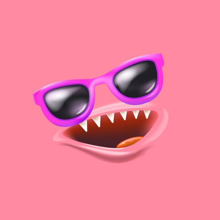 Vector Cartoon monster avatar with sunglasses, open mouth, fangs isolated on pink background. Funny and cute Halloween Monster open mouth with big vampire fangs. Bizarre faceのイラスト素材