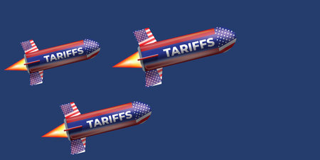 American tariffs and US government taxation vector banner with flying rocket with text tariffs in sky. USA trade war and war policy, duties imposed on imports and exports.のイラスト素材