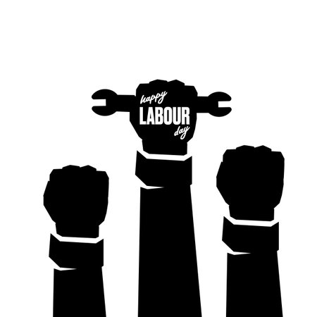 Vector silhouette of clenched fist holding wrench isolated on white background. Labour day and international workers day poster, label, greeting card with hand. 1 may logo design templateのイラスト素材