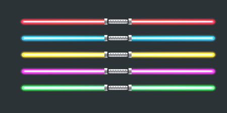 Red, blue, green, pink and yellow laser sword lightsaber set isolated on grey galaxy background. May the 4th be with vector illustration with neon glowing lighting sword. Star wars day posterのイラスト素材