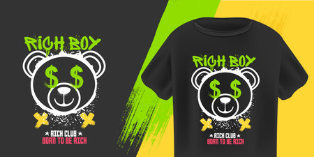Rich Boy Teddy Bear T-Shirt Design Vector Stylized Bear Head with Dollar Signs, Grunge Texture, and Born to Be Rich Slogan on Black Background. T shirt mock up ready print design templateのイラスト素材