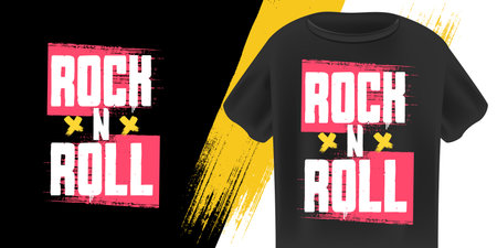 Rock N Roll T-Shirt Design Vector with bold Pink and White Grunge Text with Paint Splatters on Black Background, Ideal for Music, Streetwear, and Festival Apparel. Rock n roll logo design templateのイラスト素材