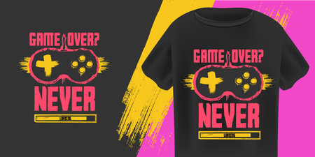 Game Over Never T-Shirt Design Vector Retro Gaming Controller with Grunge Texture and Loading Bar on Black Background, Ideal for Gamers and Youth Apparelのイラスト素材