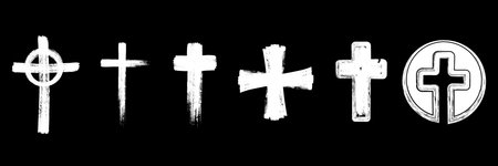 Spray paint graffiti element set of Christian cross with grungy texture. Grunge ink graphic symbols of church isolated on black background for printing on t shirtのイラスト素材