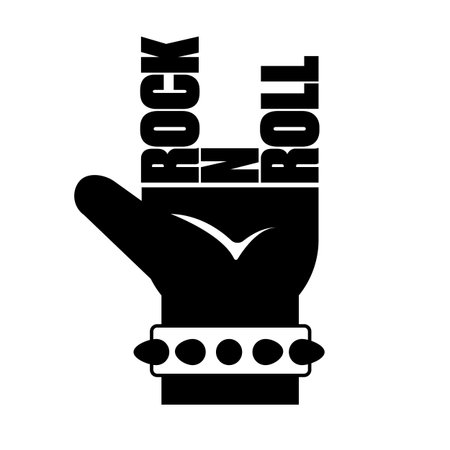 Rock n Roll Hand Gesture Vector, Black Silhouette with Spiked Bracelet isolated on white, Rock Music Lifestyle Graphic, Concert Merch Design, Rebel Attitude Symbol, Band Logo Element,のイラスト素材