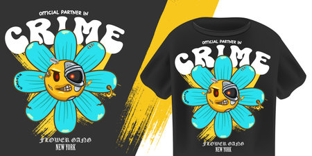 Official Partner in Crime Robot Flower Character Vector, Hip Hop Streetwear Design, Cartoon Smiling Daisy with Cyborg Eye, Razor Blade, Gold Chain, Flower Gang New York Slogan, Edgy Urban Graphicのイラスト素材