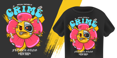 Official Partner in Crime Robot Flower Character Vector, Hip Hop Streetwear Design, Cartoon Smiling Daisy with Cyborg Eye, Razor Blade, Gold Chain, Flower Gang New York Slogan, Edgy Urban Graphicのイラスト素材