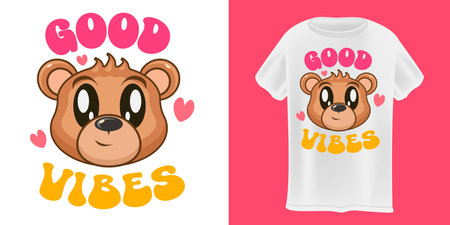 Good vibes with cute bear T-Shirt Design Vector design template on white Background. Teddy bear shirt design for kids. Animals lover poster sticker banner design with slogan and baby animalのイラスト素材