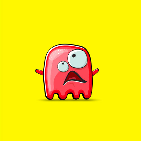 Funny cute smiling red ghost monster isolated on yellow background. Hand drawn cartoon red ghost character with eyes and mouth , cute emoji. Funky Halloween spirit element.のイラスト素材
