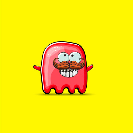 Funny cute smiling red ghost monster isolated on yellow background. Hand drawn cartoon red ghost character with eyes and mouth , cute emoji. Funky Halloween spirit element.のイラスト素材