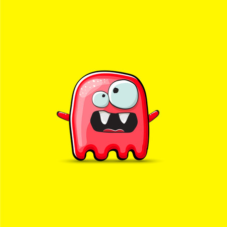 Funny cute smiling red ghost monster isolated on yellow background. Hand drawn cartoon red ghost character with eyes and mouth , cute emoji. Funky Halloween spirit element.のイラスト素材