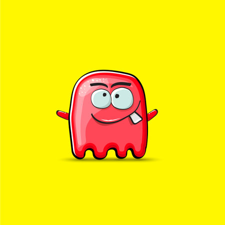 Funny cute smiling red ghost monster isolated on yellow background. Hand drawn cartoon red ghost character with eyes and mouth , cute emoji. Funky Halloween spirit element.のイラスト素材