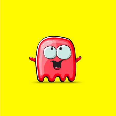 Funny cute smiling red ghost monster isolated on yellow background. Hand drawn cartoon red ghost character with eyes and mouth , cute emoji. Funky Halloween spirit element.のイラスト素材
