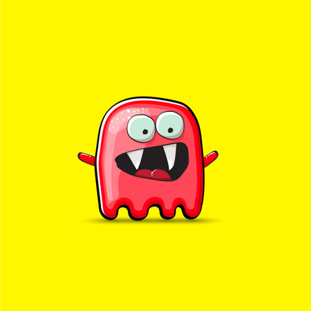 Funny cute smiling red ghost monster isolated on yellow background. Hand drawn cartoon red ghost character with eyes and mouth , cute emoji. Funky Halloween spirit element.のイラスト素材