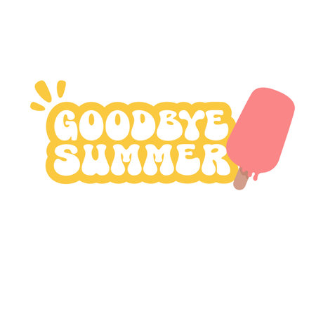 Goodbye summer pink groovy aesthetic sticker with melting ice cream isolated on white. Bye Bye summer motto sticker, tag, kids label, banner, poster, label png with quote. End of summer season partyのイラスト素材