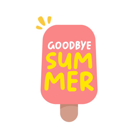 Goodbye summer pink groovy aesthetic sticker with melting ice cream isolated on white. Bye Bye summer motto sticker, tag, kids label, banner, poster, label png with quote. End of summer season partyのイラスト素材