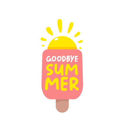 Goodbye summer pink groovy aesthetic sticker with melting ice cream isolated on white. Bye Bye summer motto sticker, tag, kids label, banner, poster, label png with quote. End of summer season partyのイラスト素材