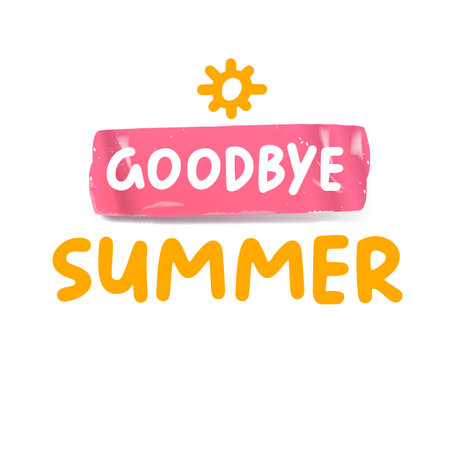 Goodbye summer pink groovy aesthetic sticker design isolated on white. Bye bye summer motto sticker, tag, retro label, banner, ribbon, label png with quote. Positiv and motivational 1970s style quoteのイラスト素材