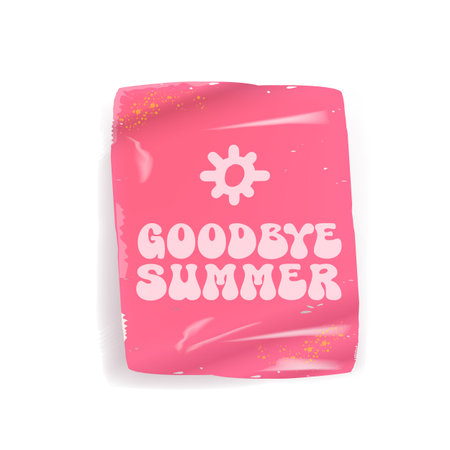 Goodbye summer pink groovy aesthetic sticker design isolated on white. Bye bye summer motto sticker, tag, retro label, banner, ribbon, label png with quote. Positiv and motivational 1970s style quoteのイラスト素材