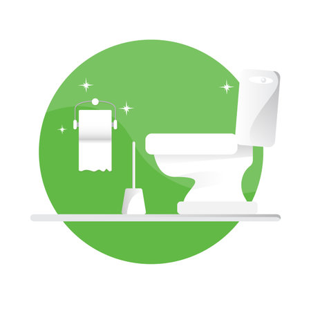 Toilet bawl icon with toilet paper roll isolated on green background. Flat Toilet room icon. Vector Cleaning concept illustrationのイラスト素材