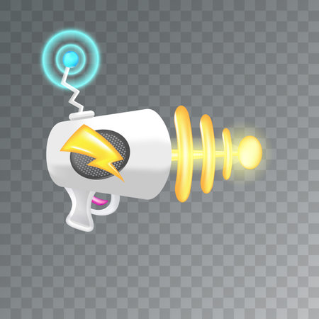 Cartoon super space energy blaster isolated on transparent background. Retro game label or icon with vintage space laser pistol gun. Tesla electric coil gunのイラスト素材