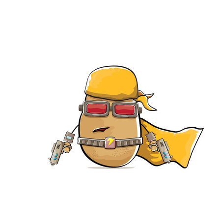 vector funny cartoon cute brown super hero potato with mask, orange hero cape and gun isolated on white background. My name is potato vector concept. Super hero funky vegetable food characterのイラスト素材