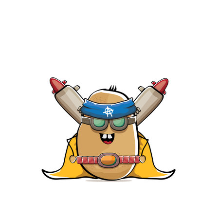 vector funny cartoon cute brown super hero potato with mask, orange hero cape and gun isolated on white background. My name is potato vector concept. Super hero funky vegetable food characterのイラスト素材