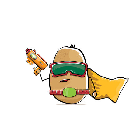 vector funny cartoon cute brown super hero potato with mask, orange hero cape and gun isolated on white background. My name is potato vector concept. Super hero funky vegetable food characterのイラスト素材
