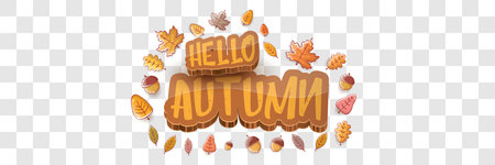 vector hello autumn horizontal banner or label with text and falling autumn leaves on transparent horizontal background. Cartoon hello autumn poster, flyer or wide bannerのイラスト素材