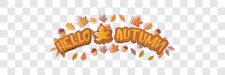vector hello autumn horizontal banner or label with text and falling autumn leaves on transparent horizontal background. Cartoon hello autumn poster, flyer or wide bannerのイラスト素材