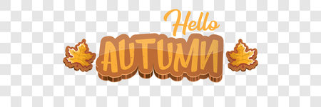 vector hello autumn horizontal banner or label with text and falling autumn leaves on transparent horizontal background. Cartoon hello autumn poster, flyer or wide bannerのイラスト素材
