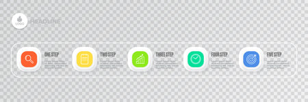 Business infographic thin line process with square template design with icons and 5 options or steps on transparent background. Vector progress paper modern web banners set design templateのイラスト素材