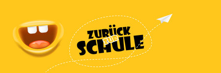 Zuruck zur Schule, Back To School in German, banner design template with funny smiling monster mouth and flying paper plane. Orange welcome back to school background, poster, flyer, cover and stickerのイラスト素材