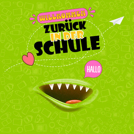 Willkommen zurck in der Schule ,Welcome Back To School in German, square banner design template with funny smiling monster mouth and flying paper plane on green background. Willkommen zurckのイラスト素材