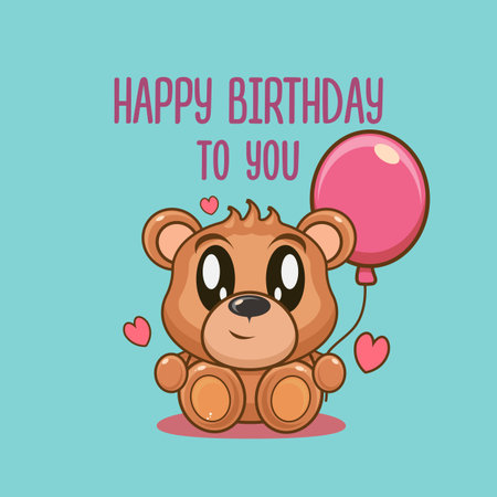 Happy birthday vector card with teddy and greeting text isolated on blue background. Kids funny greeting card with super cute teddy bear cartoon character. Happy birthday banner design templateのイラスト素材