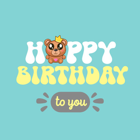 Happy birthday vector card with teddy and greeting text isolated on blue background. Kids funny greeting card with super cute teddy bear cartoon character. Happy birthday banner design templateのイラスト素材
