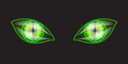 Vector Green animal cat eyes isolated on dark black night background. Danger Monster open eyes with neon green eyeball. Halloween cat eyes design template banner and posterのイラスト素材