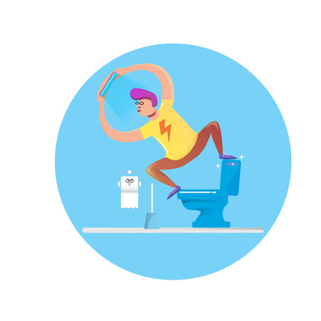 Happy Young man sitting on toilet and taking a selfie on phone. narcissism or social media addiction vector concept illustration. Teenager having fun in toilet room with toilet bowl and paper rollのイラスト素材
