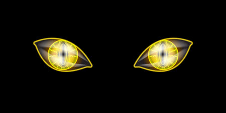 Vector yellow animal cat eyes isolated on dark black night background. Danger Monster open eyes with neon yellow eyeball. Halloween cat eyes design template banner and posterのイラスト素材