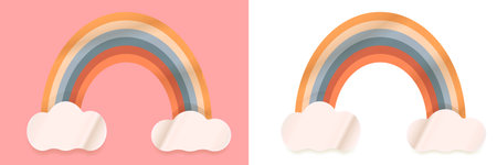 Cartoon rainbow and clouds design elements. Kids poster design template with paper style rainbow and white clouds in sky isolated. Kids background,banner,poster and label sticker design templateのイラスト素材