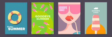 Summer goodbye poster set. Ice cream, Summer sun, woman with sunglasses and cocktail, Lifebuoy in water.Summer time and vacations background patterns and posters set. Perfect background for postersのイラスト素材