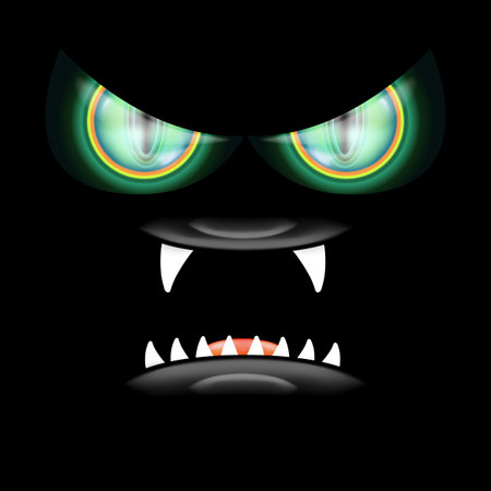 A scary monster with glowing green eyes and razor-sharp teeth peers out of the darkness, a frightful Halloween backdrop featuring an open mouth and fangsのイラスト素材