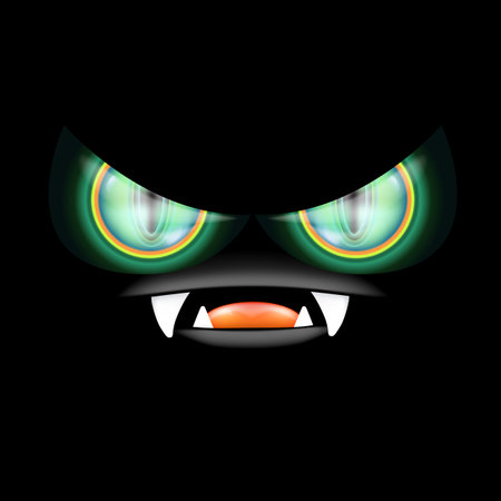 A scary monster with glowing green eyes and razor-sharp teeth peers out of the darkness, a frightful Halloween backdrop featuring an open mouth and fangsのイラスト素材