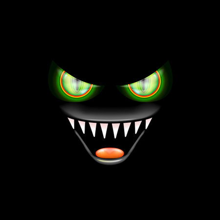 A fearsome monster with sharp fangs and piercing green eyes stares out of the shadows, creating a scary Halloween background with an open mouth and shark teethのイラスト素材