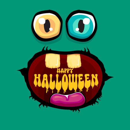 Funny zombie character vector illustration with big eyes and open mouth showing rotten teeth, Happy Halloween text inside, green skin, yellow letters, party invitation, poster, greeting card designのイラスト素材